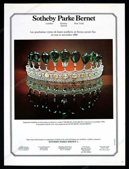 Sotheby Parke Bernet Jewelry Auctions 1980 Print Ad